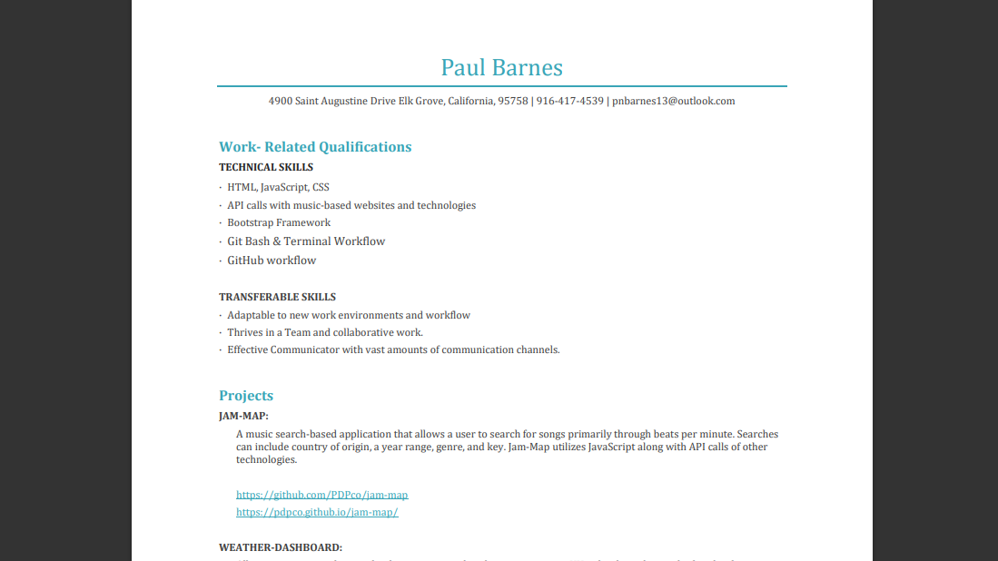 screenshot of my resume