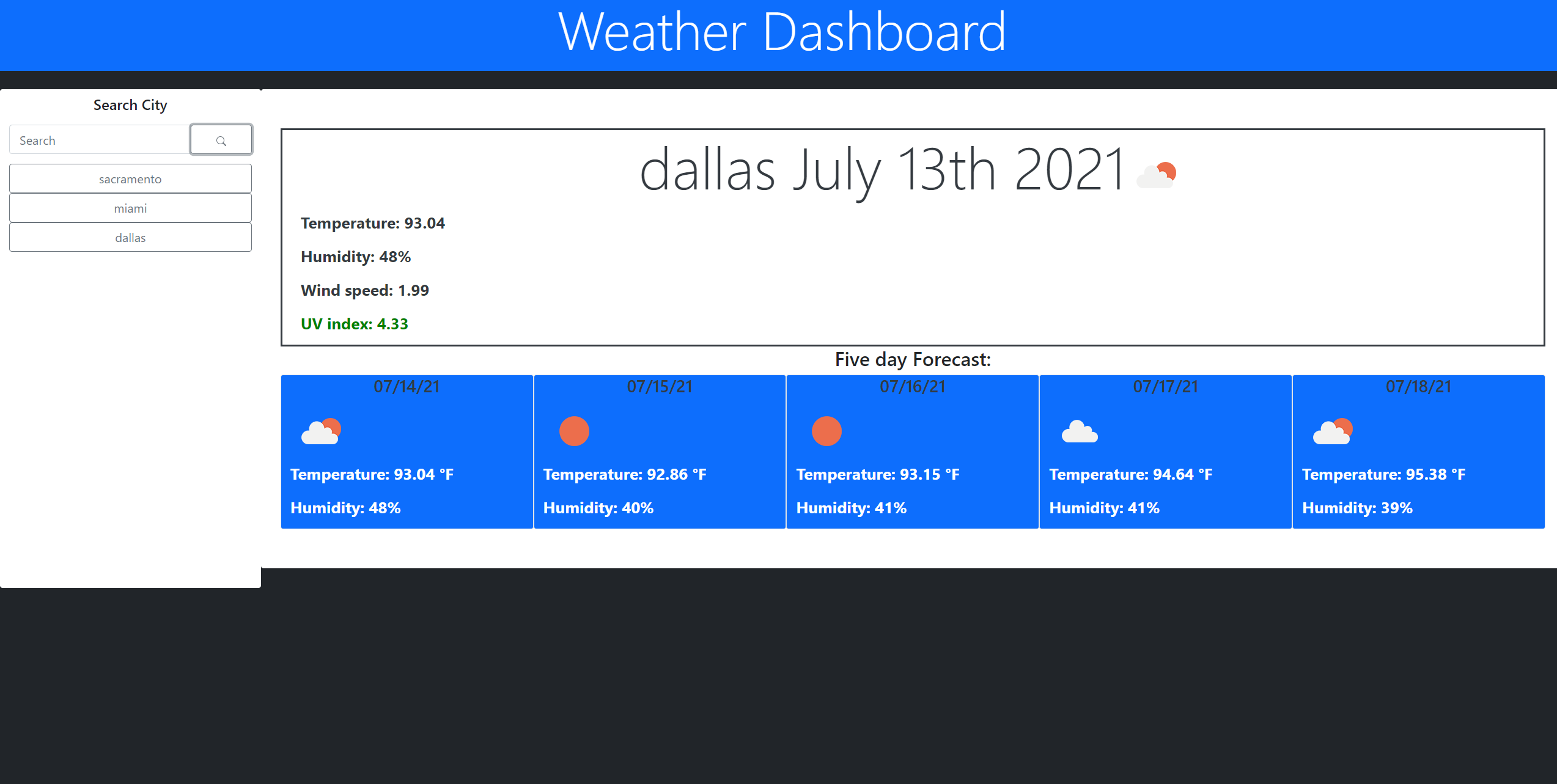 screenshot for the weatherdashboard by city